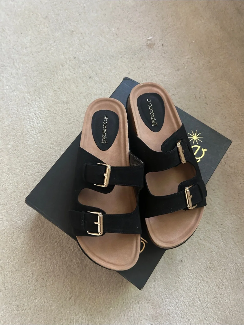 Shoe Dazzle Black Double Buckle Platform Sandals with Gold Hardware